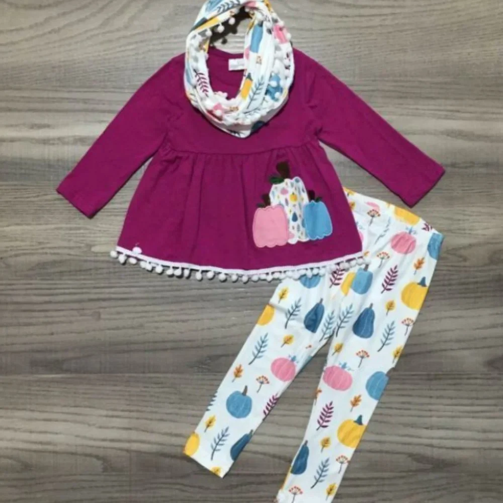 Boutique Pumpkin Tunic Leggings & Scarf Girls Outfit Set